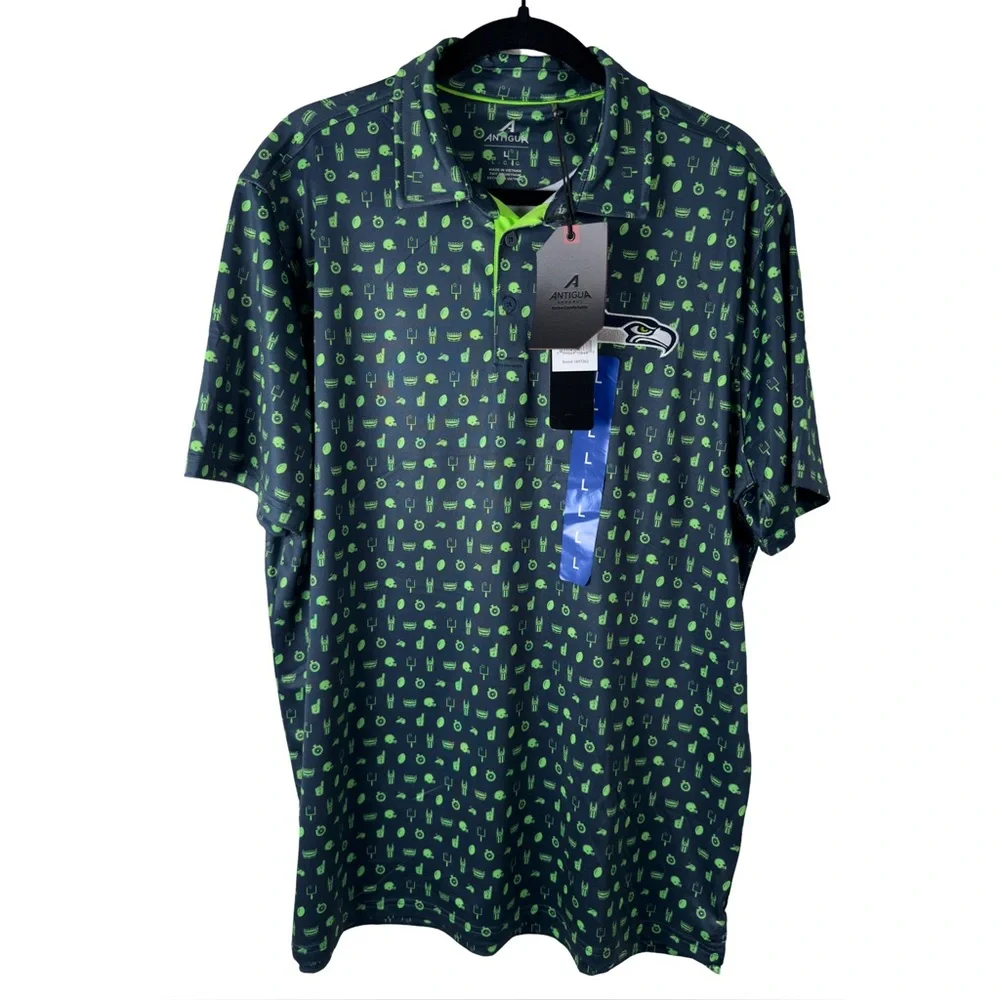 Antigua Seattle Seahawks Navy Green Team Graphic Polo Shirt - Picture 3 of 8